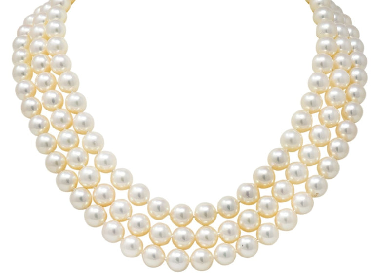 Tiffany & Co. Diamond Pearl 18 Karat Yellow Gold Triple Strand Necklace - Wilson's Estate Jewelry