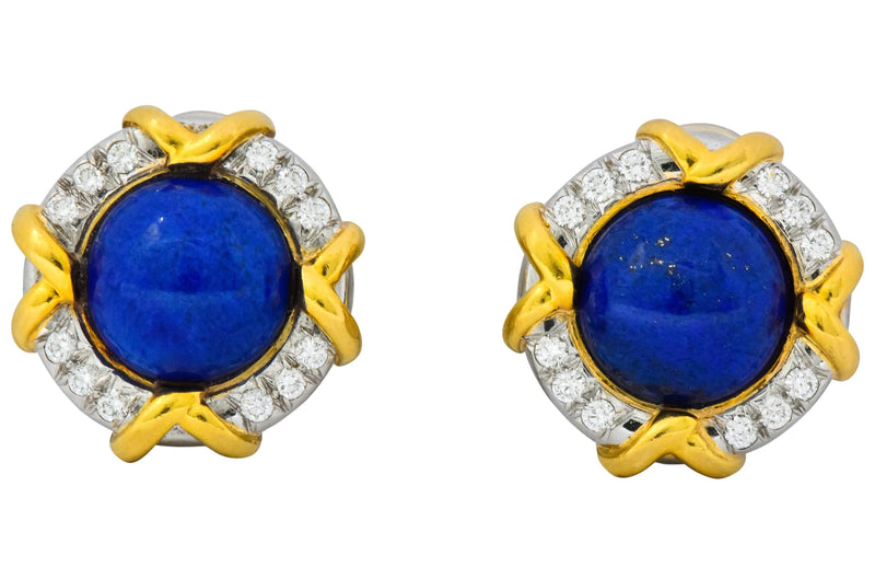 Tiffany & Co. Retro 1985 1.23 CTW Blue Lapis Diamond Platinum 18 Karat Gold Ear-Clip Earrings - Wilson's Estate Jewelry