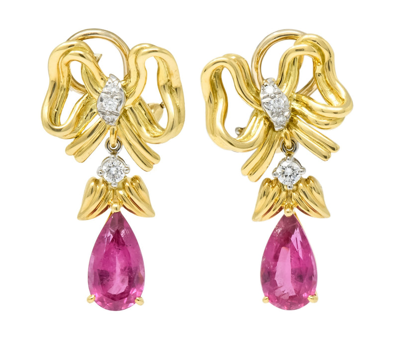 Tiffany & Co. Retro 4.85 CTW Tourmaline Diamond Platinum-Topped 18 Karat Gold Bow Earrings - Wilson's Estate Jewelry