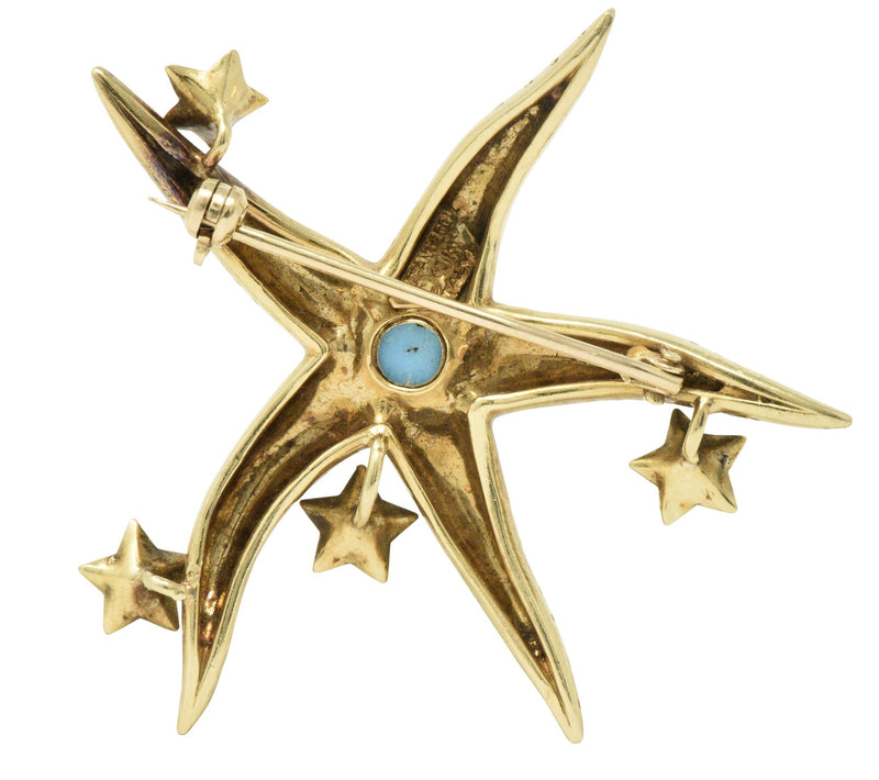 Tiffany & Co. Retro Sapphire Turquoise 18 Karat Gold Starfish Brooch Wilson's Estate Jewelry