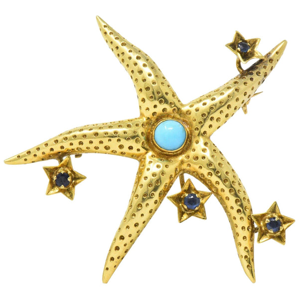 Tiffany & Co. Retro Sapphire Turquoise 18 Karat Gold Starfish Brooch Wilson's Estate Jewelry
