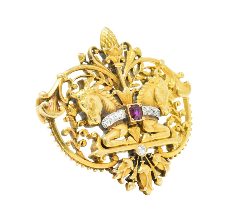 Tiffany & Co. Victorian Diamond Ruby Horse 18 Karat Yellow Gold Brooch Wilson's Estate Jewelry