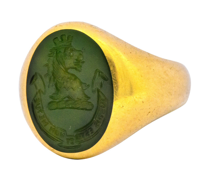 Tiffany & Co. Victorian Intaglio Jade 18 Karat Gold Lion Unisex Signet Ring - Wilson's Estate Jewelry