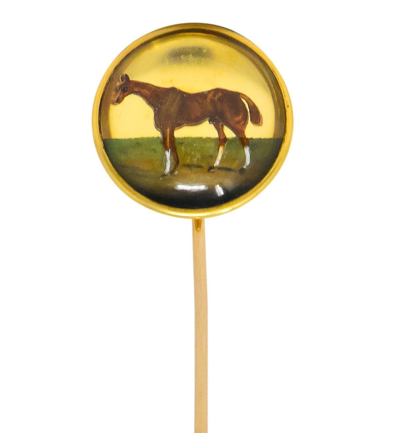 Tiffany & Co. Victorian Painted Reverse Carved Rock Crystal 18 Karat Gold Horse Stickpin - Wilson's Estate Jewelry