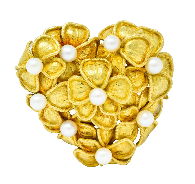 Tiffany & Co. Vintage 1970 Pearl 18 Karat Gold Floral Heart Brooch ...