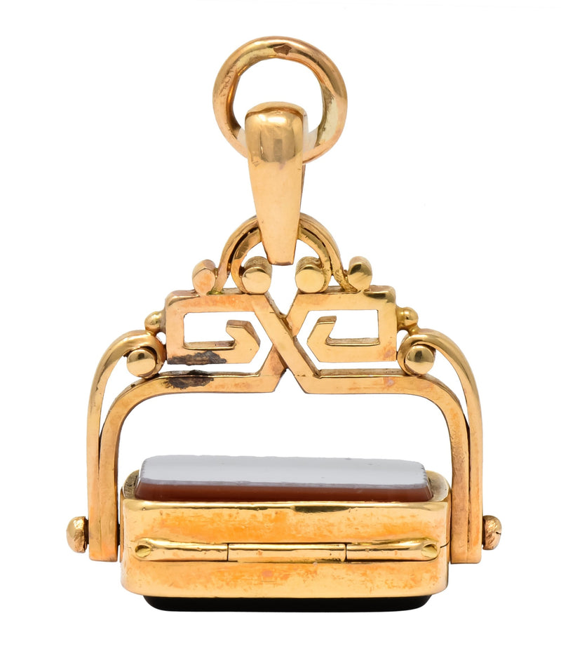 Unique 1870's French Victorian Agate Hardstone 14 Karat Gold Locket Fob Pendant - Wilson's Estate Jewelry