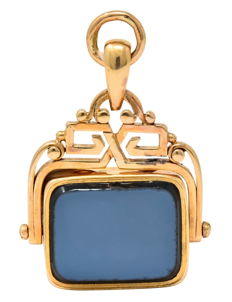 Unique 1870's French Victorian Agate Hardstone 14 Karat Gold Locket Fob Pendant - Wilson's Estate Jewelry