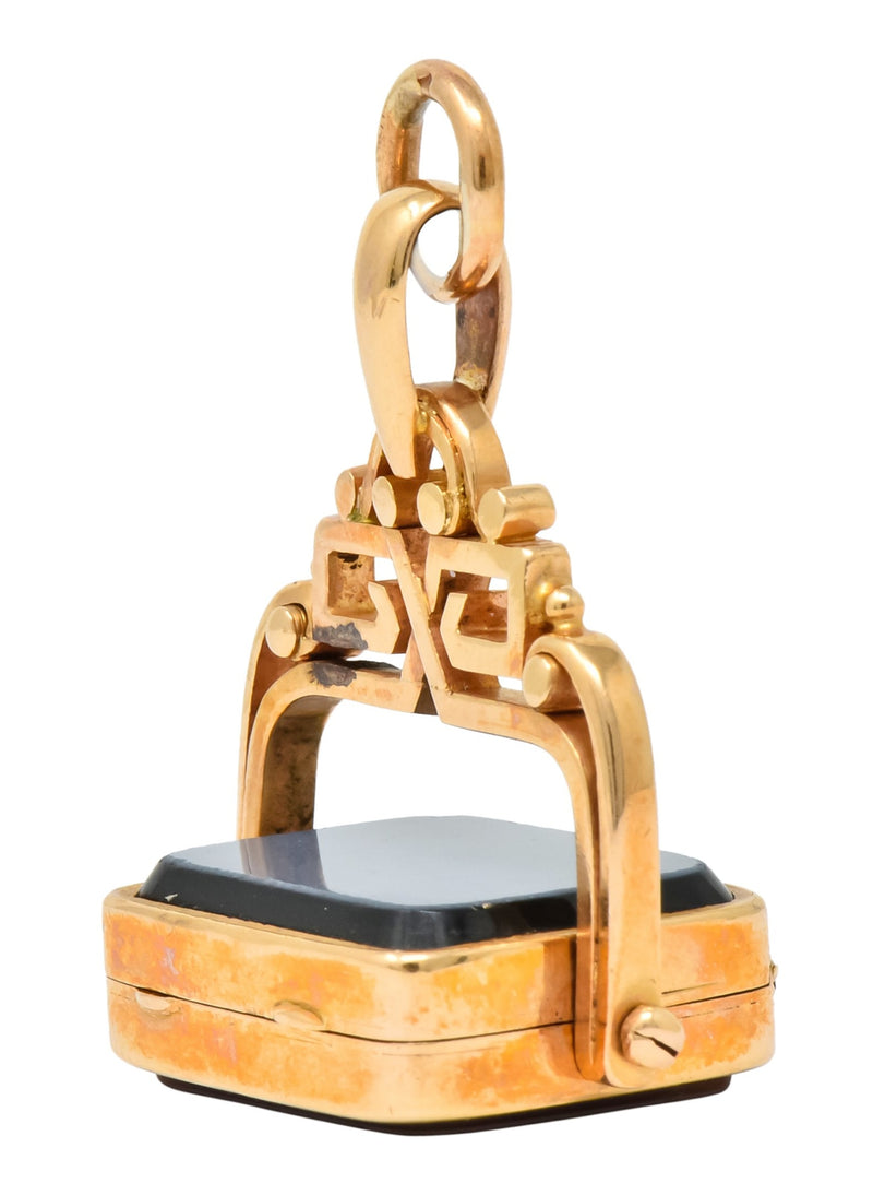 Unique 1870's French Victorian Agate Hardstone 14 Karat Gold Locket Fob Pendant - Wilson's Estate Jewelry
