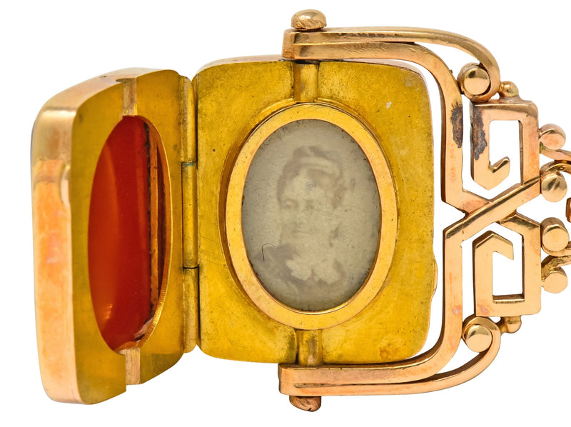 Unique 1870's French Victorian Agate Hardstone 14 Karat Gold Locket Fob Pendant - Wilson's Estate Jewelry