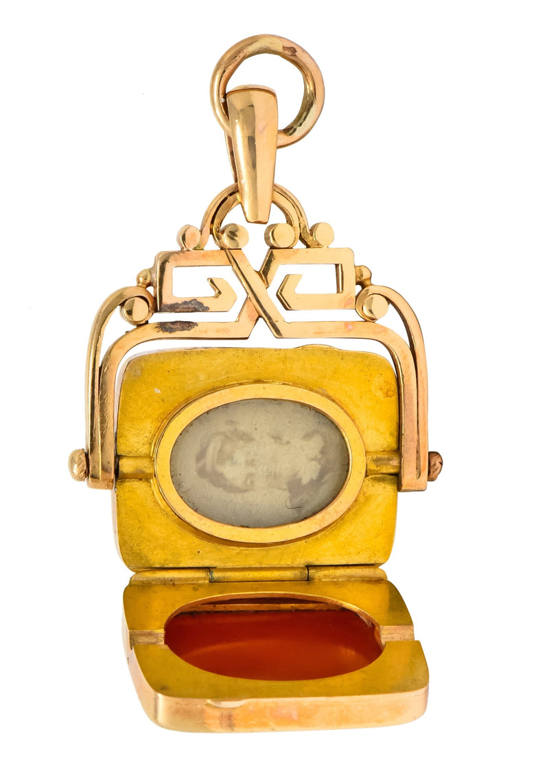 Unique 1870's French Victorian Agate Hardstone 14 Karat Gold Locket Fob Pendant - Wilson's Estate Jewelry
