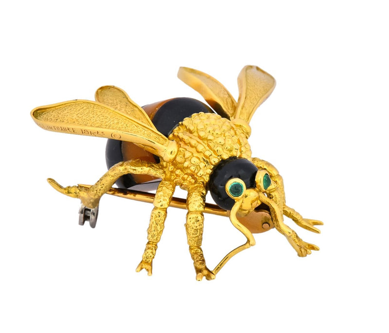 Van Cleef & Arpels French 1970's Vintage Onyx Amber Chrysoprase 18 Karat Gold Bee Bug Brooch - Wilson's Estate Jewelry