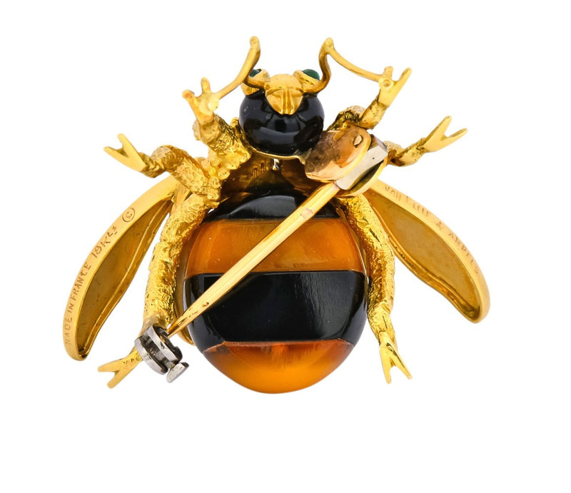 Van Cleef & Arpels French 1970's Vintage Onyx Amber Chrysoprase 18 Karat Gold Bee Bug Brooch - Wilson's Estate Jewelry