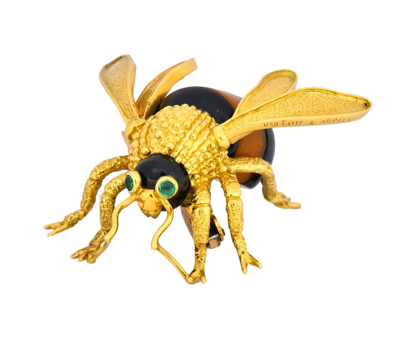 Van Cleef & Arpels French 1970's Vintage Onyx Amber Chrysoprase 18 Karat Gold Bee Bug Brooch - Wilson's Estate Jewelry