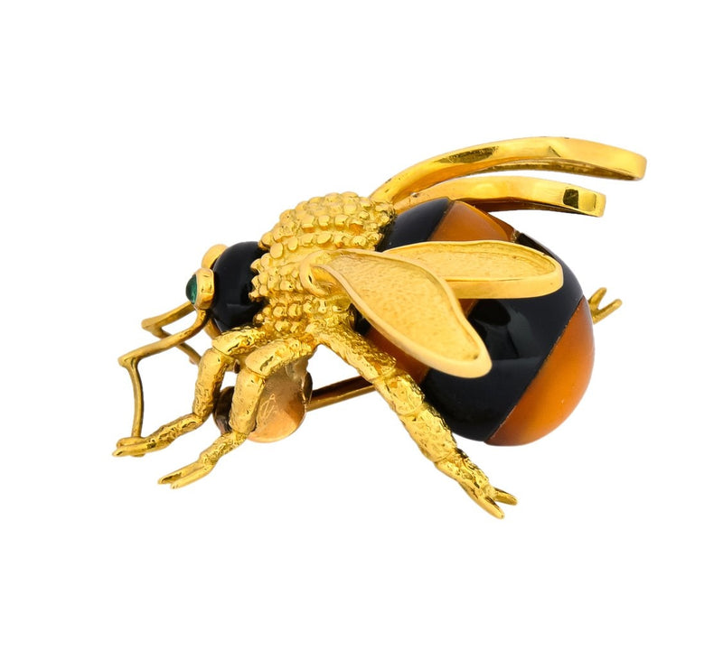 Van Cleef & Arpels French 1970's Vintage Onyx Amber Chrysoprase 18 Karat Gold Bee Bug Brooch - Wilson's Estate Jewelry