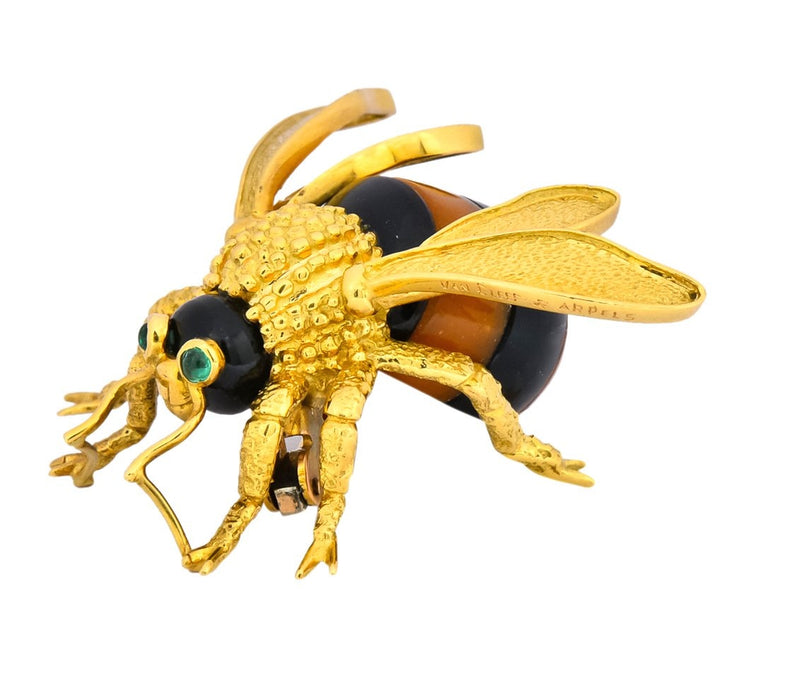 Van Cleef & Arpels French 1970's Vintage Onyx Amber Chrysoprase 18 Karat Gold Bee Bug Brooch - Wilson's Estate Jewelry