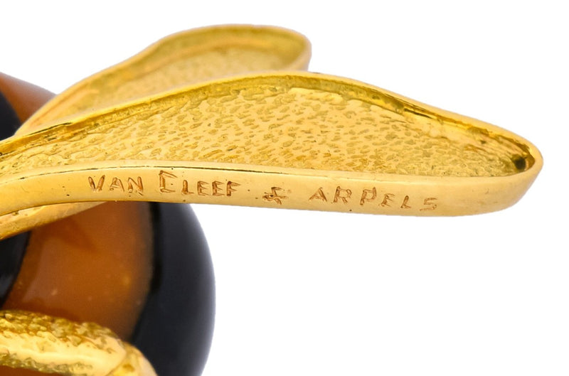 Van Cleef & Arpels French 1970's Vintage Onyx Amber Chrysoprase 18 Karat Gold Bee Bug Brooch - Wilson's Estate Jewelry