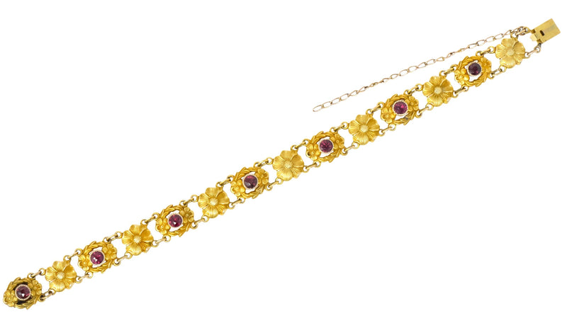 Victorian 0.45 CTW Ruby 14 Karat Gold Flower Link Bracelet - Wilson's Estate Jewelry