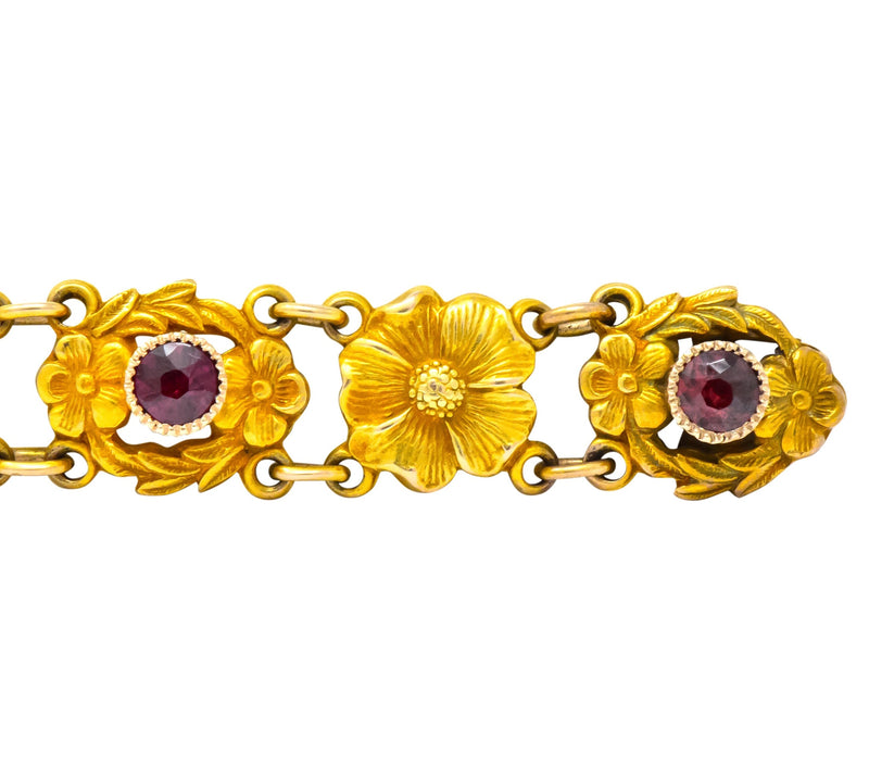 Victorian 0.45 CTW Ruby 14 Karat Gold Flower Link Bracelet - Wilson's Estate Jewelry