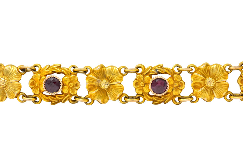 Victorian 0.45 CTW Ruby 14 Karat Gold Flower Link Bracelet - Wilson's Estate Jewelry
