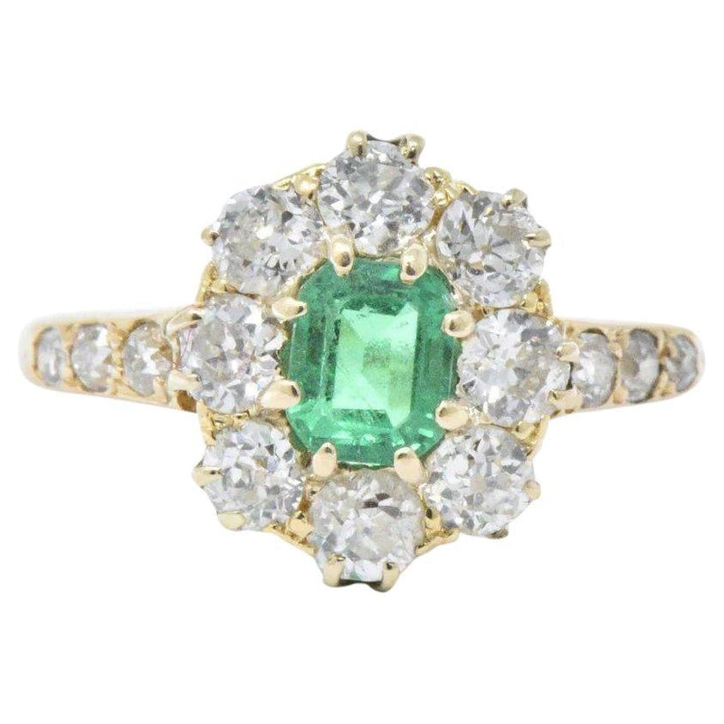 Victorian 1.45 CTW Emerald Diamond 14 Karat Gold Cluster Ring Wilson's Estate Jewelry