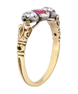 Victorian 0.70 Carats Diamond Ruby Silver-Topped 14 Karat Gold Three Stone Ring - Wilson's Estate Jewelry