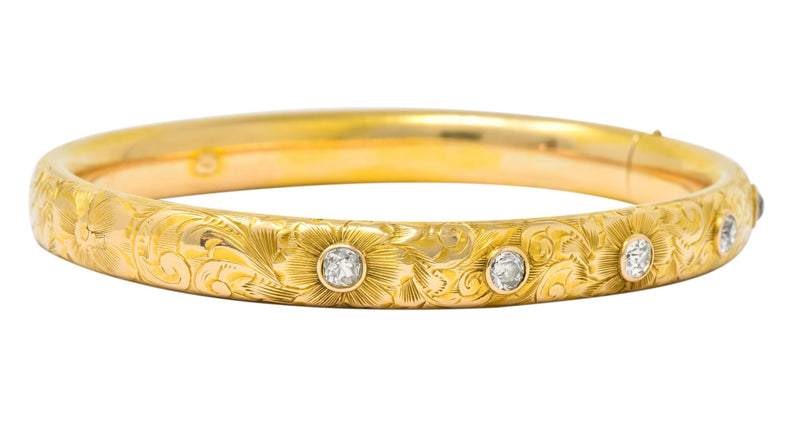 Victorian 1.00 CTW Diamond 14 Karat Gold Floral Bangle Bracelet Circa 1900 - Wilson's Estate Jewelry