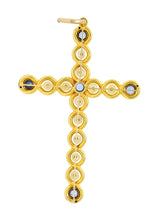 Victorian 1.00 CTW Sapphire Natural Pearl 14 Karat Gold Cross Pendant Wilson's Estate Jewelry