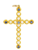 Victorian 1.00 CTW Sapphire Natural Pearl 14 Karat Gold Cross Pendant Wilson's Estate Jewelry