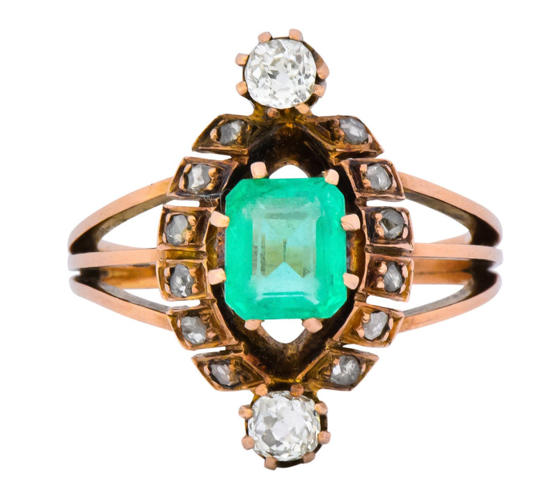 Victorian 1.25 CTW Emerald Diamond 14 Karat Rose Gold Halo Ring Wilson's Estate Jewelry
