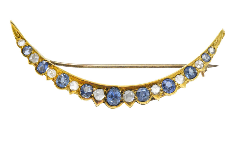 Victorian 1.35 CTW Sapphire Diamond 15 Karat Gold Honeymoon Brooch Wilson's Estate Jewelry