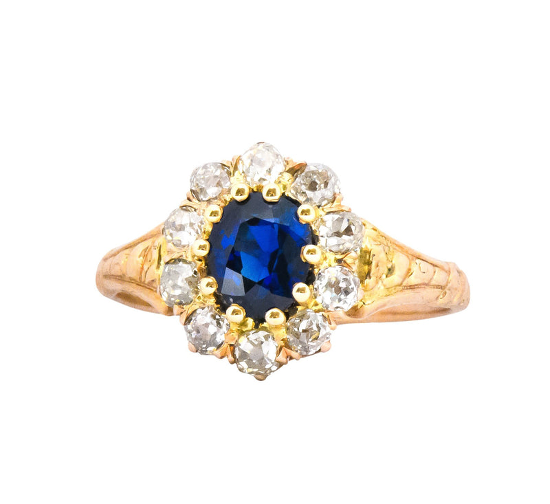 Victorian 1.57 CTW Sapphire Old Mine Cut Diamond 14 Karat Gold Cluster Ring Wilson's Estate Jewelry