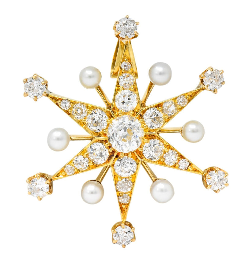 Victorian 1.95 CTW Diamond Pearl 14 Karat Gold Star Sunburst Pendant - Wilson's Estate Jewelry