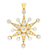 Victorian 1.95 CTW Diamond Pearl 14 Karat Gold Star Sunburst Pendant - Wilson's Estate Jewelry