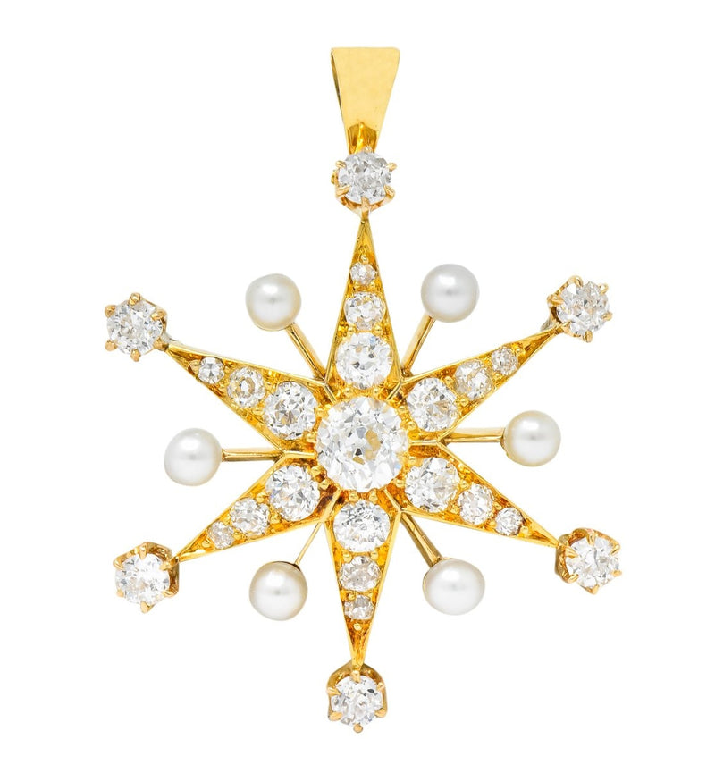 Victorian 1.95 CTW Diamond Pearl 14 Karat Gold Star Sunburst Pendant - Wilson's Estate Jewelry