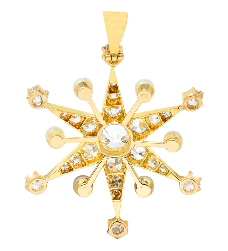 Victorian 1.95 CTW Diamond Pearl 14 Karat Gold Star Sunburst Pendant - Wilson's Estate Jewelry