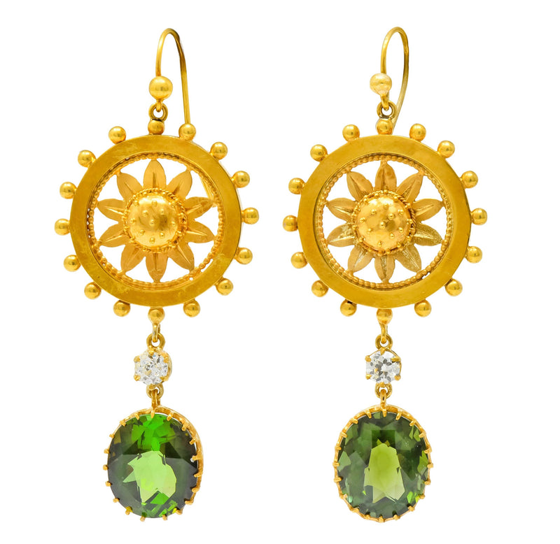 Victorian 10.36 CTW Tourmaline Diamond 14 Karat Gold Floral Drop Earrings - Wilson's Estate Jewelry