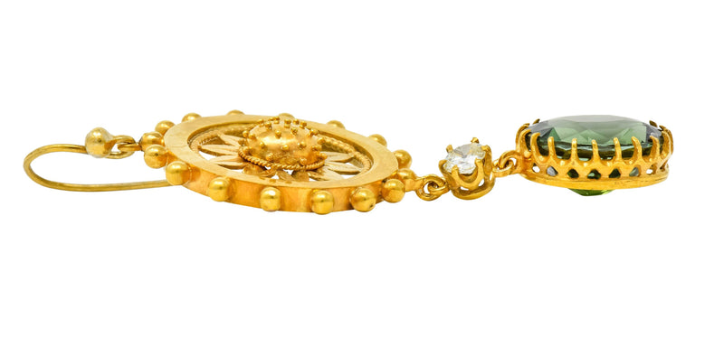 Victorian 10.36 CTW Tourmaline Diamond 14 Karat Gold Floral Drop Earrings - Wilson's Estate Jewelry
