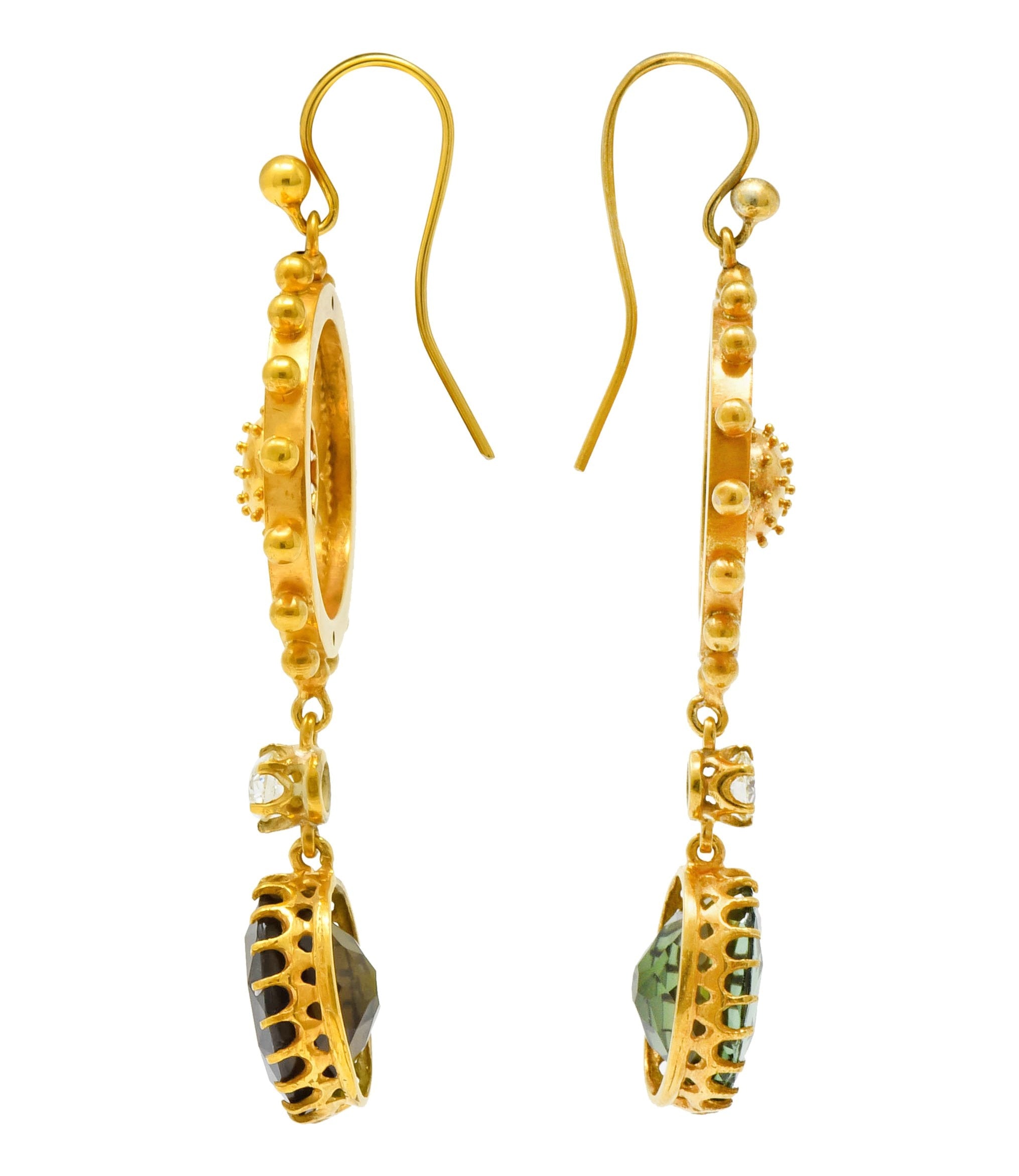 Victorian 10.36 CTW Tourmaline Diamond 14 Karat Gold Floral Drop Earrings - Wilson's Estate Jewelry