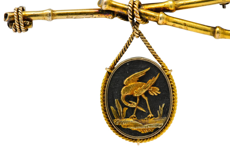 Victorian 14 Karat Gold and Mixed Metal Heron Bamboo Brooch Wilson's Estate Jewelry