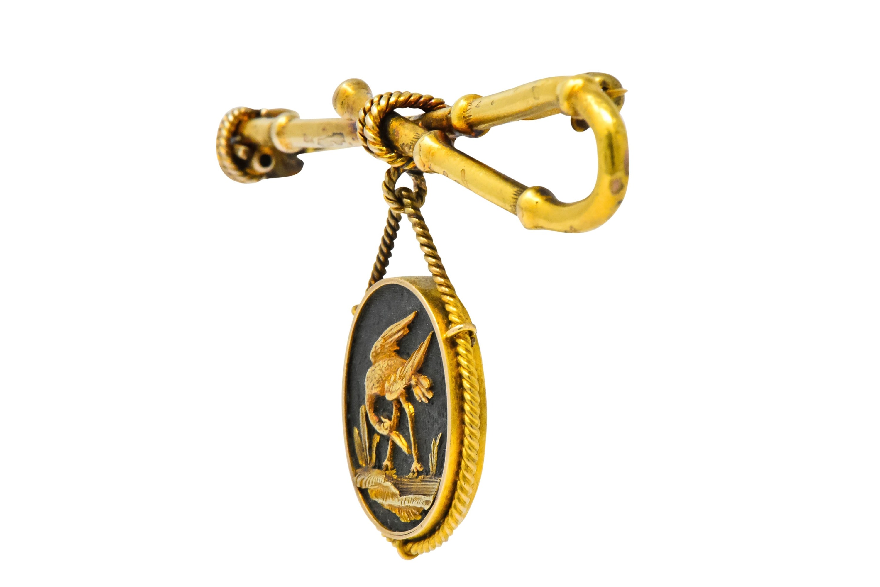 Victorian 14 Karat Gold and Mixed Metal Heron Bamboo Brooch Wilson's Estate Jewelry