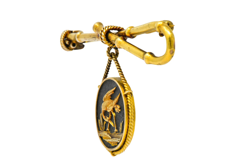 Victorian 14 Karat Gold and Mixed Metal Heron Bamboo Brooch Wilson's Estate Jewelry