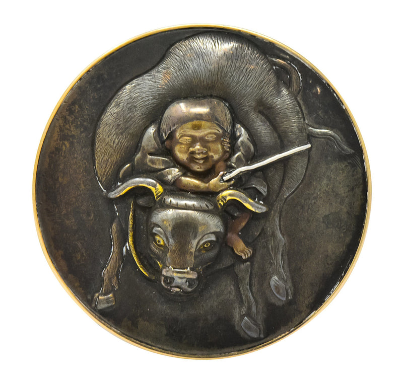Victorian 14 Karat Rose Gold Mixed Metal Lao Tzu Boy & Ox Shakudo Ring - Wilson's Estate Jewelry