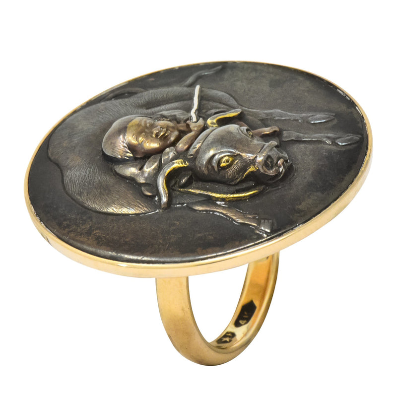 Victorian 14 Karat Rose Gold Mixed Metal Lao Tzu Boy & Ox Shakudo Ring - Wilson's Estate Jewelry