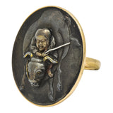 Victorian 14 Karat Rose Gold Mixed Metal Lao Tzu Boy & Ox Shakudo Ring - Wilson's Estate Jewelry