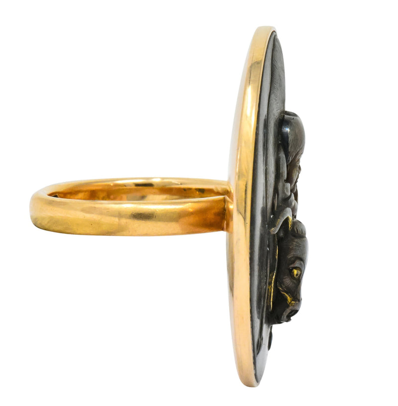 Victorian 14 Karat Rose Gold Mixed Metal Lao Tzu Boy & Ox Shakudo Ring - Wilson's Estate Jewelry