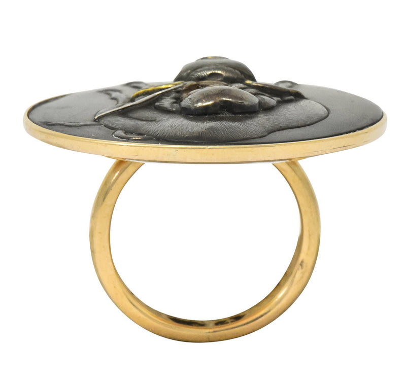 Victorian 14 Karat Rose Gold Mixed Metal Lao Tzu Boy & Ox Shakudo Ring - Wilson's Estate Jewelry
