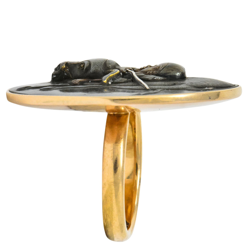 Victorian 14 Karat Rose Gold Mixed Metal Lao Tzu Boy & Ox Shakudo Ring - Wilson's Estate Jewelry