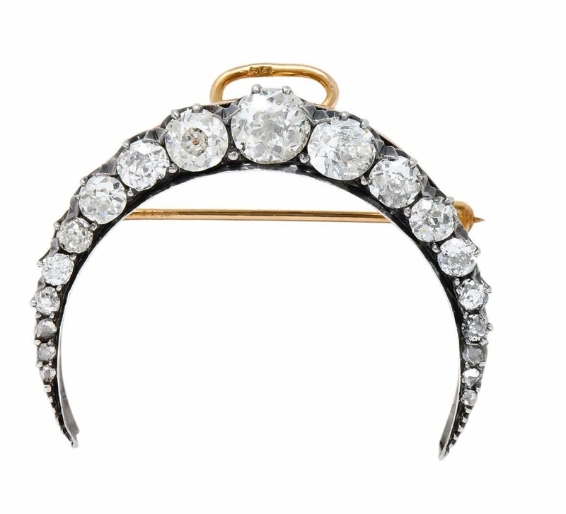 Victorian 2.00 CTW Diamond Silver-Topped 14 Karat Gold Honeymoon Crescent Pendant Brooch - Wilson's Estate Jewelry