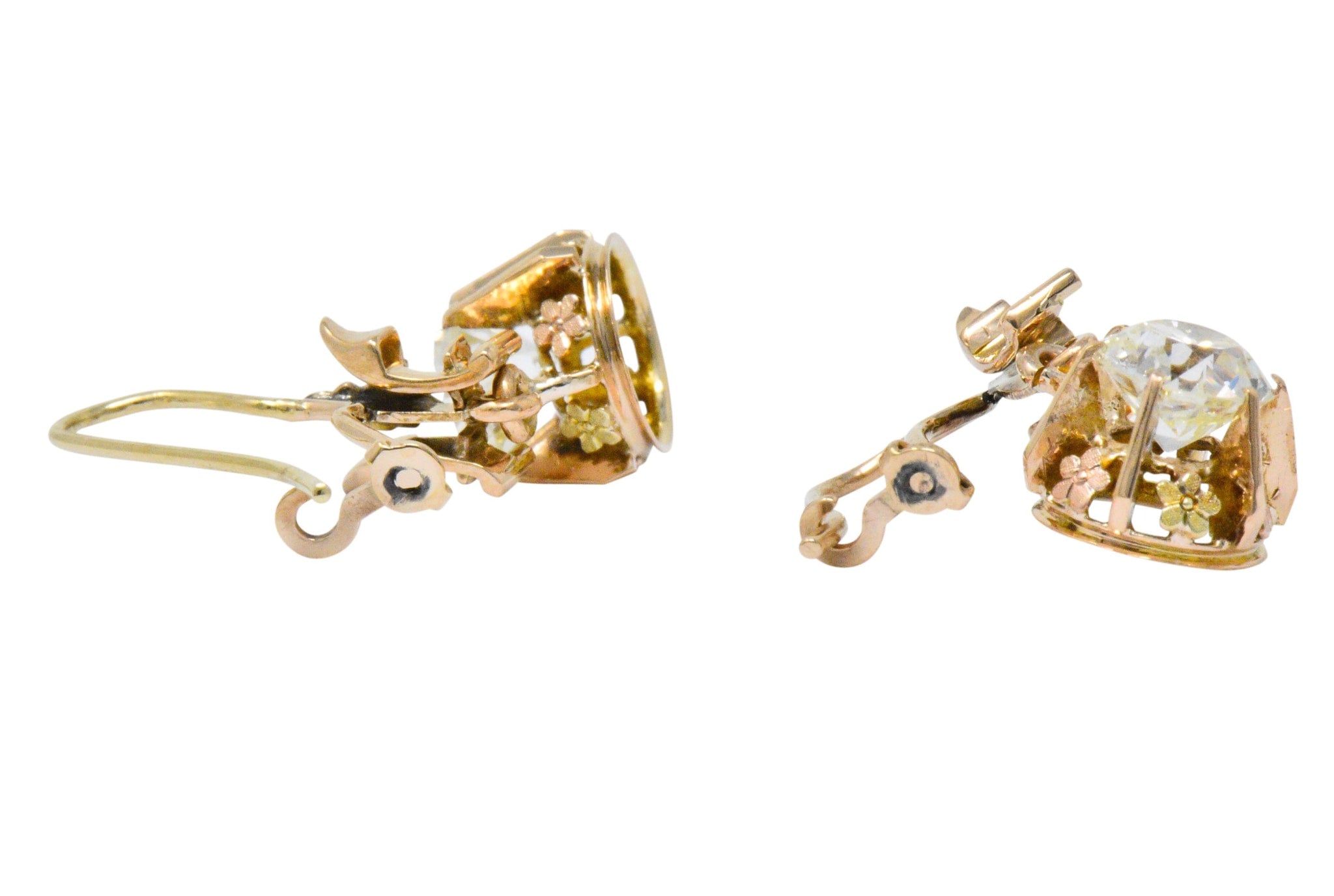 Victorian 2.10 CTW Diamond 14 Karat Two-Tone Gold Drop Earrings Wilson's Estate Jewelry