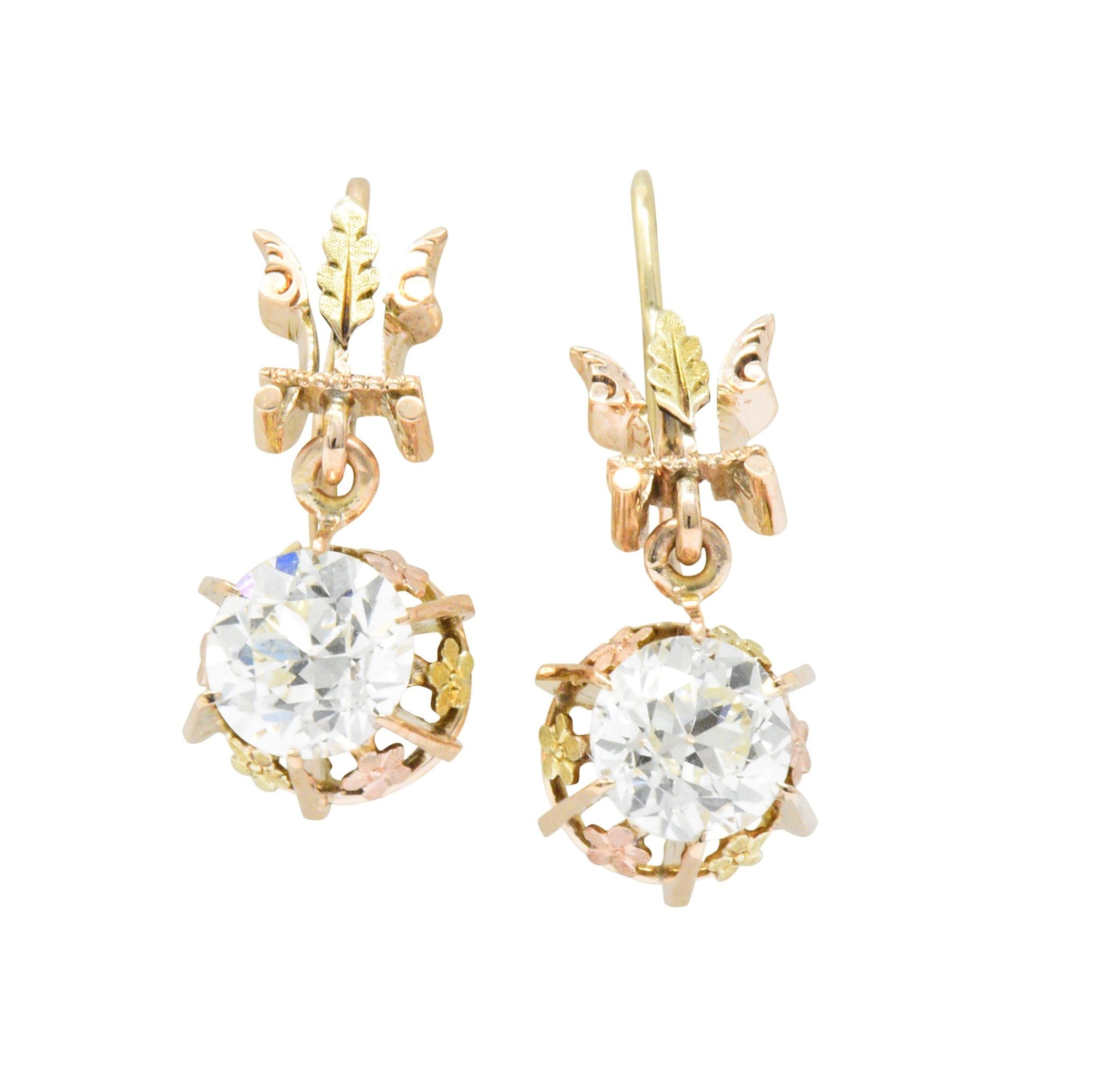 Victorian 2.10 CTW Diamond 14 Karat Two-Tone Gold Drop Earrings Wilson's Estate Jewelry